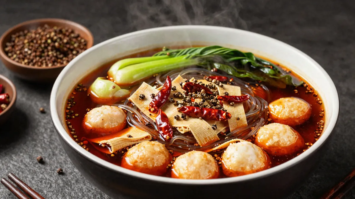Red malatang broth topped with Sichuan peppercorns and dried chilies