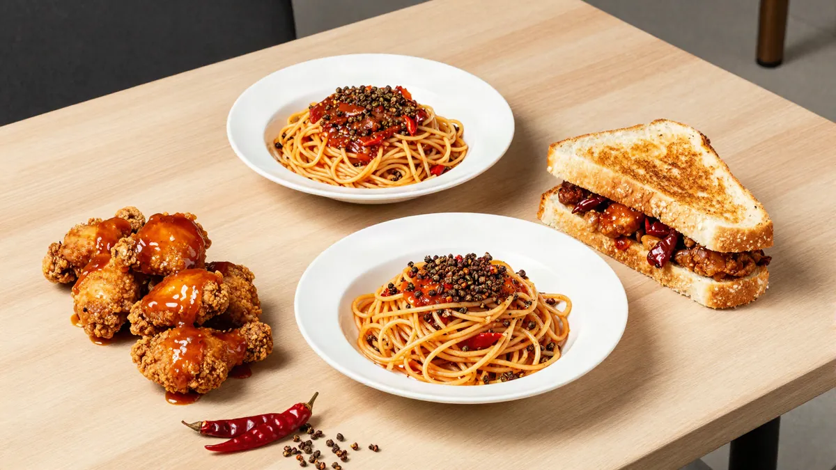 Chicken, pasta and a sandwich topped with mala sauce