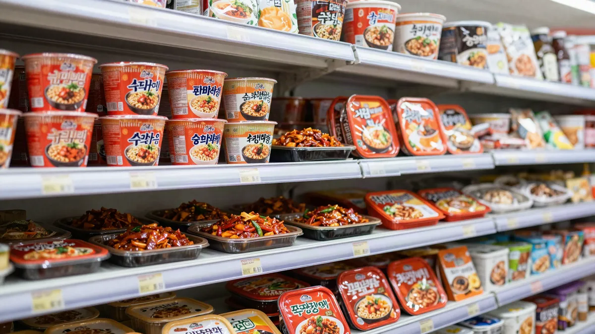 Mala ramyeon and mala lunch boxes on a convenience-store chilled shelf