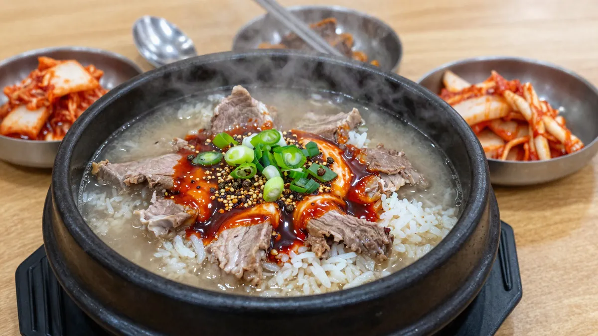 Steaming gukbap in an earthenware pot topped with mala sauce
