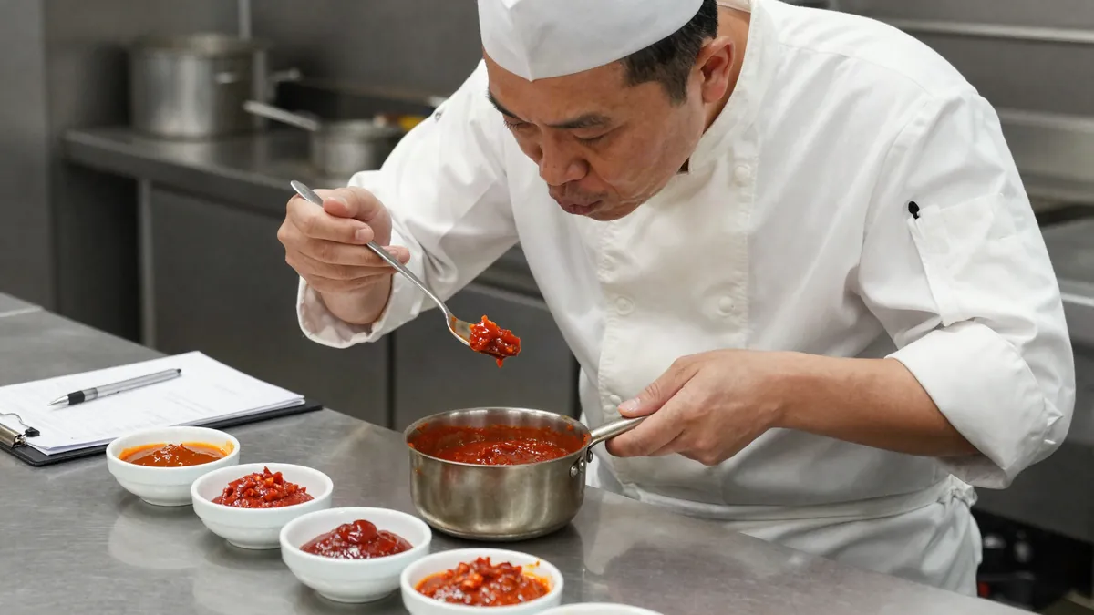 A chef in a kitchen tasting several mala sauces, with a tasting sheet nearby